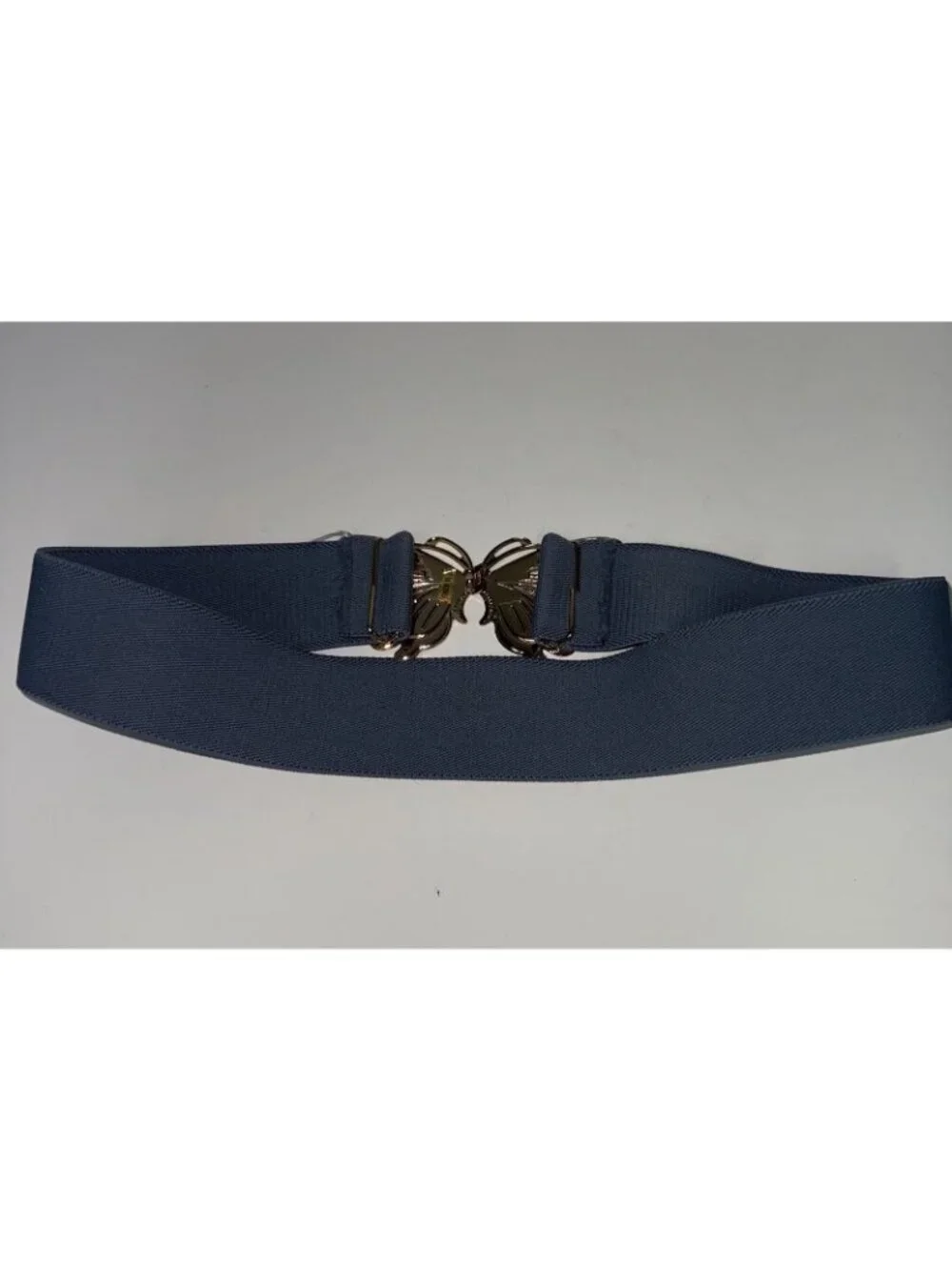 Vintage 70s 80s Enamel Butterfly Buckle Blue Elastic Stretch Waist Belt